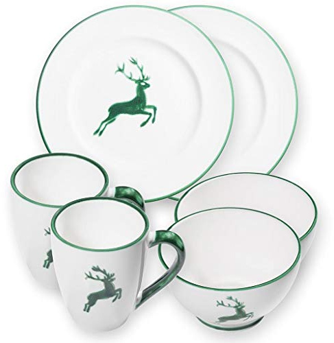 GMUNDNER CERAMIK Gourmet - Set di stoviglie in ceramica con cervo verde, 6 pezzi piatti e bicchieri, fatto a mano in Austria