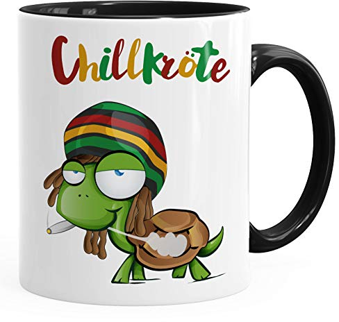 MoonWorks® Kaffee-Tasse Chillkröte Schildkröte Rastafrisur Joint Comic Stil Kaffeetasse Fun-Tasse Schwarz Keramik-Tasse