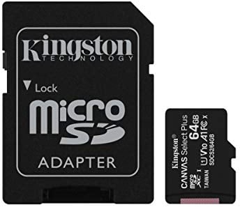 Kingston 64GB microSDHC Canvas Select Plus 100MB/s Read A1 Class 10 UHS-I Frustration Free Packaging Memory Card + Adapter (SDCS2/64GBET)