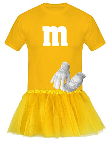 Jimmys Textilfactory T-Shirt M&M & Tüllrock Karneval Kostüm Set 8 Farben XS-5XL Herren Verkleidung Tütü Gruppenkostüm Partner Fasching, Gr.:4XL, Farbe:gelb (+Handschuhe weiss/Tütü gelb)