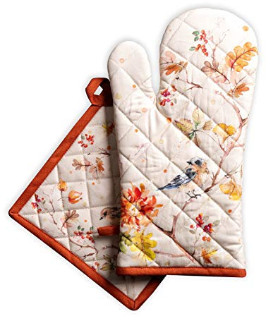 Maison d' Hermine Ofenhandschuh, Topflappen aus 100% Baumwolle, hitzebeständige Küchen-Ofenhandschuh(19cm x 33cm), Topflappen(20cm x 20cm) für Köche, Damen, Kelim - Prairie – Erntedankfest/Weihnachten