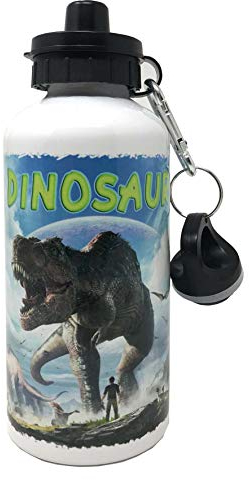 Botella de aluminio con mosquetón y cierre hermético, libre de sustancias nocivas – Capacidad 500 ml – Con dibujo simpático de dinosaurios (Mod. 1)