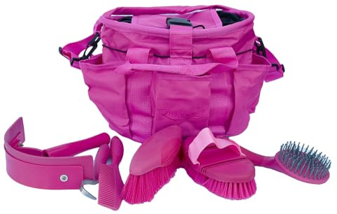 Rhinegold Trousse de toilettage avec kit de 7 pièces, comprend tous les types de brosse à poils de cheval, étrille et grattoir à sabots avec un sac de toilettage multi-usages