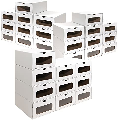 30 x PresentFill® Aufbewahrungsbox Weiß Schuhbox Schuhkiste Schuhschachtel Schuhkarton Ordnungsboxen durchsichtig transparent Sichfenster stapelbar aus Pappe Schuhaufbewahrung Schuhorganizer