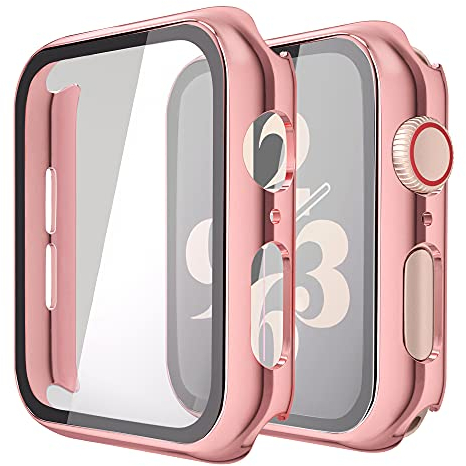 Misxi Hard Hülle mit Glas Displayschutz Kompatibel mit Apple Watch Series SE 2 (2024) / SE/Series 6 / Serie 5 / Series 4 40mm, 2-Stück, 1 Rosepink + 1 Transparent