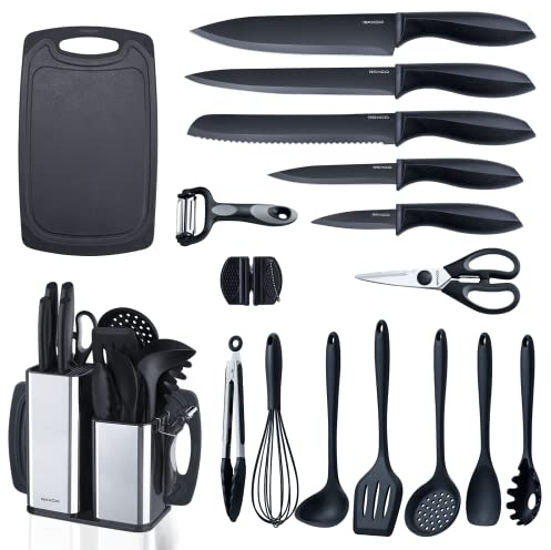 RAXCO Kitchen Utensils Set For Cooking-7 Cooking Utensils,5 Kitchen Utensils,6 Knife set,utensilios de cocina(18-in-1) (Black)