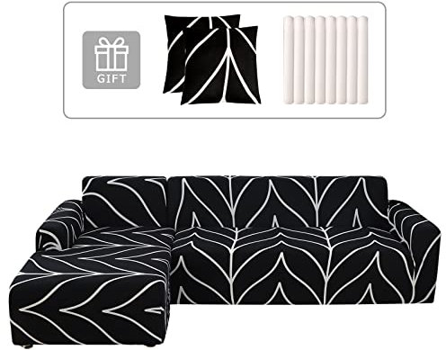 Lydevo Sofabezug Ecksofa L Form Sofa Überwürfe Stretch Sofabezug L Form Rechts oder Links mit Zwei Kissenbezügen Waschbar Universal-Couchbezug L Form Sofa Cover L Shape(3 +3,Schwarze Linie)