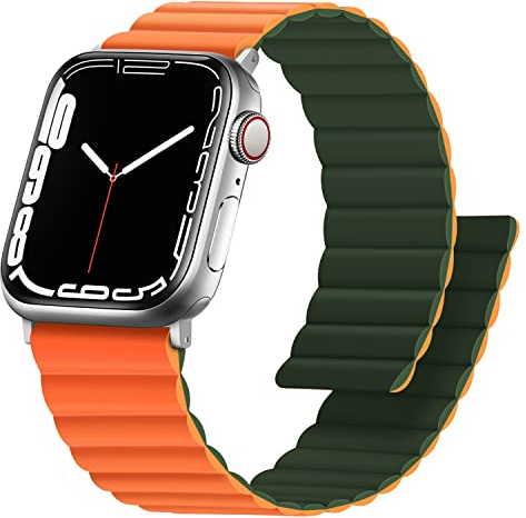 Anlinser Correas Compatible con Correa Apple Watch 49/46/45/44/42/41/40/38mm, Pulsera Magnética Reversible de Doble Cara para iWatch Ultra Serie 10/9/8/7/6/5/4/3/SE (49/46/45/44/42, Verde/Naranja)