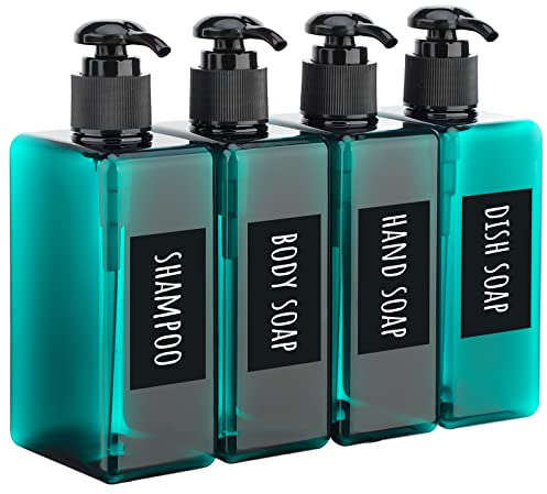 Segbeauty Lotion Dispenser Quadratisch, 4 Stück 280ml Seifenspender Set mit Handgeschriebene Etiketten für Shampoo Duschgel Flüssigseife, Nachfüllbar Kunststoff Pumpflaschen für Küche Bad, Pfauenblau
