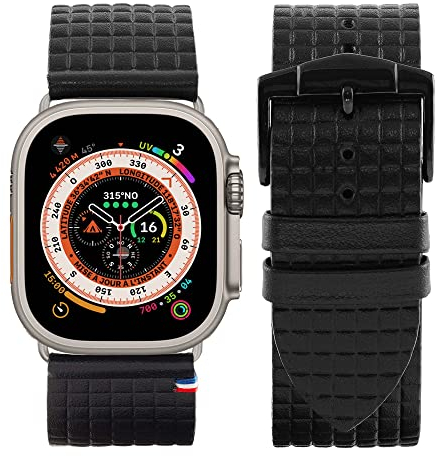 Eternel - Carbone Bracelet raffiné - Compatible toutes Apple Watch - 45/46mm - Fait main en France - Tannage végétal - Noir - Adaptateurs titane ultra
