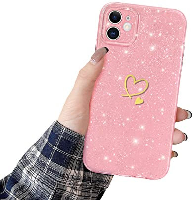 Newseego Glitter Case Compatible with iPhone 12 Case for Girls Women, Sparkly Bling Cute Golden Love Heart Pattern Phone Cases Soft Silicone Shockproof Protective Bumper Cover for iPhone 12-Pink