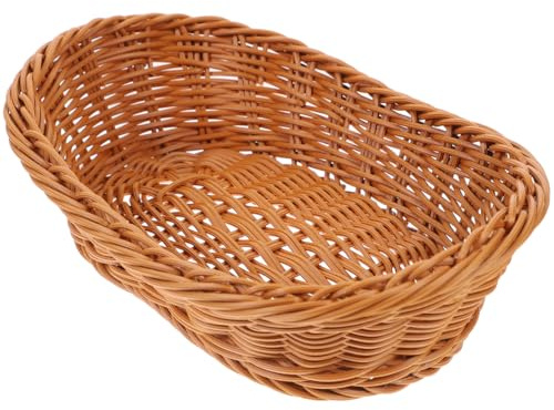 Cabilock Oval Woven Bread Basket for Serving, 11 Inch Imitation Rattan Fruit Basket for Kitchen, Washable Plastic Wicker Display Tray for Food Snacks & Organization 、