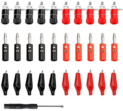KUOQIY 30 Pezzi 4mm Banana Connettore Plug Socket Kit, 4 mm Banana Morsettiera Adattatore + Placcato Nickel Banana Spina + Clip a Coccodrillo, cper Altoparlanti, Audio/Video Ricevitore