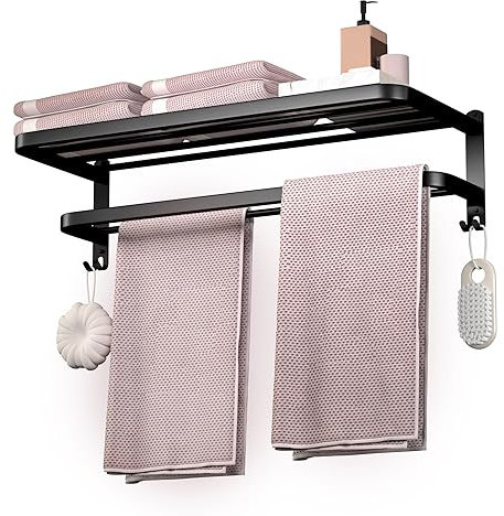 DDS-DUDES Bathroom Towel Rack Towel Shelf with Double Towel Bars Lavatory Wall Mount Holder with Hooks Stainless Steel Hotel Bath Rack (Matte Black 24 inches)