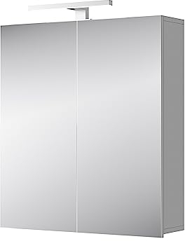 Planetmöbel Merkur Spiegelschrank Bad mit Beleuchtung 60 cm breit | Badschrank hängend mit Spiegel | Chrom LED Beleuchtung | weiß-grau