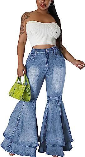 CALEBGAR Frauen Hohe Taille Patchwork Flare Jeans Glocke Unten Plissee Geschichtet Rüschen Saum Nette Weite Bein Denim Lange Hosen, Hell, blau, XX-Large