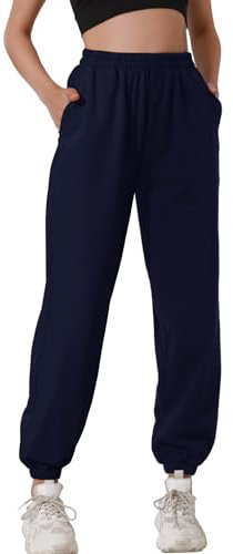 HAPYWER Jogginghose Damen Baumwolle Jogger Lang Sweathose Baggy Lässige Hose mit Taschen Sweatpants Oversize Sporthose Weit Casual S-XXL(A-Navy Blau,S)