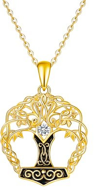Fryneauy Viking Thor Hammer Necklace Tree of Life Pendant 925 Sterling Silver Gold Plated Norse Viking Jewelry Gifts Mjolnir Pendant for Women Men