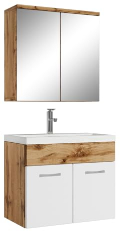 Badezimmer Badmöbel Set Montreal 01 mit Spiegelschrank 60cm Waschbecken Eiche mit Weiß - Unterschrank Waschtisch Möbel