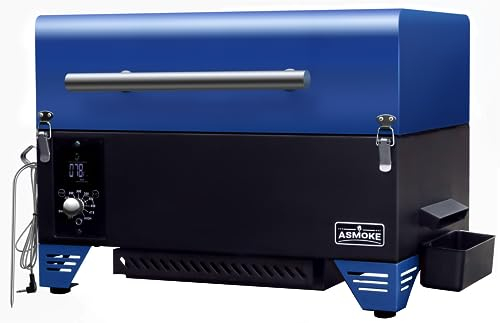 Tragbarer Pellet Smoker Grill - AS350 256 qm Pellet Smoker Grill w/Meat Probe, ASCA System™ Pellet Grill, Leicht zu reinigen Tragbarer Smoker, Auto Temp Control 8-in-1 Kleiner Tisch-Smoker, Blau