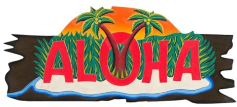 Oriental Galerie Wandschild Aloha Schild Palmen Tiki Style Strandbar Deko Wanddekoration Holz ca. 51 cm A6