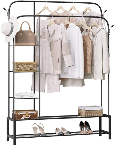 eSituro Porte-vêtements à Double Tringle, Design 4 en 1, avec Étagère à Chaussures à 2 Niveaux, Étagères Latérales à 3 Niveaux, 4 Crochets, Métal, Noir, 164x130x33,5 cm