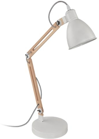 EGLO Tischlampe Torona 1, Tischleuchte vintage, industrial, Nachttischlampe aus Holz und Metall, Schreibtischlampe in Weiß, Natur, FSC zertifiziert, Lampe mit Schalter, E14