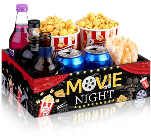 GlikCeil Movie Night Supplies Snack Trays with Handles Reusable Wooden Movie Gift Basket for Theater Popcorn Bucket Bowl Box Container Family Room Decor(Classic Style)