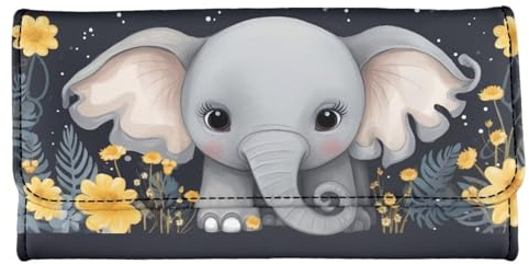 Howilath Damen Slim Wallet Flower Galaxy Tie Dye Hibiskus Schädel Lustiges Design Gemalt PU Leder Dreifach Geldbörse Clutch, Niedlicher Cartoon-Elefant mit Blumenmuster, Medium, Modern