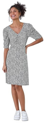Roman Originals Tea Dress for Women UK Ladies Skater Swing Fit & Flare Flattering Summer Knee Length Frill Hem Ruched Chest Casual Smart Cocktail Party Going Out - Black & White - Size 10