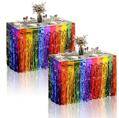 2 Stück metallische Lametta-Folien-Fransen-Tischröcke, perfekte Tischdekoration (Welliger Regenbogen)