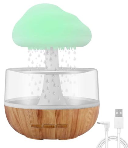 Regenwolkenbefeuchter mit Nachtlicht, WASAGA 7 Farben Wassertropfen Ätherisches Öl Diffusor Wiederaufladbar mit Atompilz & Regengeräusch für Zuhause Schlafzimmer Büro