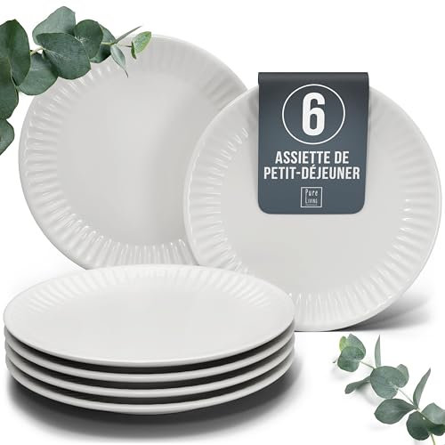 PURE LIVING INTERIOR DESIGN Breakfast and Dessert Plate Set Hygge Series - Stoneware, Stylish Cake Plates, Dishwasher, Microwave, and Scratch Resistant - Small Plates, Salad for 6 - in Light Grey