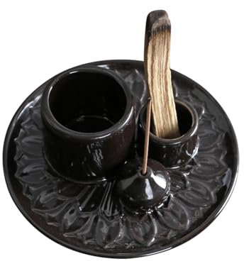 PRITOK Porte-encens en céramique 4 en 1 pour cône d'encens, plateau récupérateur de cendres pour méditation, support Palo Santo pour chaque encens, bâtonnets d'encens (noir)