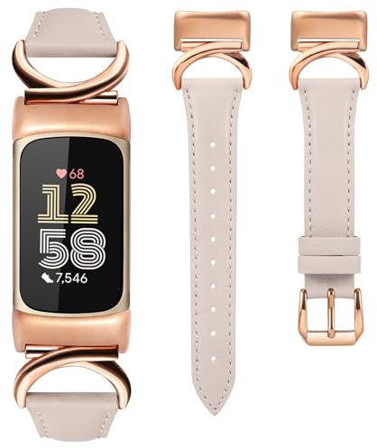 TOYOUTHS Leather Straps Compatible with Fitbit Charge 6/Charge 5 Strap Women, Slim Thin Elegant Dressy Designer Premium Leather Strap with C-Shape Metal Buckle for Charge 6/5, Starlight/Rose Gold