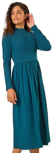 Roman Originals Midi Dress with Pockets for Women UK Ladies Stretchy Jersey Maxi Long 3/4 Length Sleeve Gathered High Waist Boho Flattering Skater Swing Fit Flare - Plain Dark Green - Size 12