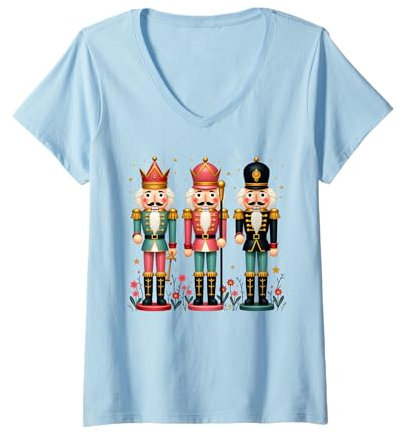 Womens Nutcracker Squad Xmas Flower Christmas Pajamas Women Kids V-Neck T-Shirt