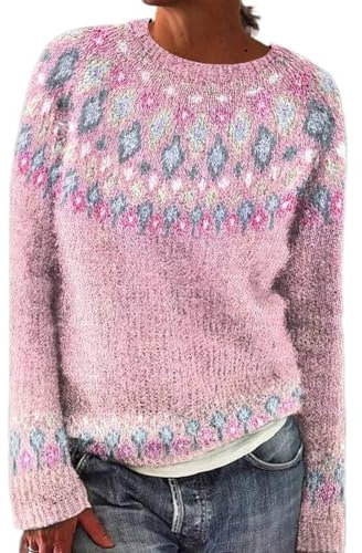 Pull Jacquard Femme Pull Norvégien Femme Grande Taille, Pull Femme Hiver Norvégien, Chaud Pullover Col Rond Pour Femme Mohair, Sweater Oversize Vintage à Motif Tricoté, Pull Irlandais Pull Laine Femme