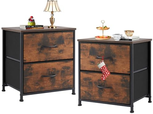 Sweetcrispy Nachttisch 2er Set, Nachttisch Beistelltisch, Stoff Schubladenschrank, Schmal Schrank, Kommode Schlafzimmer, Industrial Stil für Wohnzimmer, Kinderzimmer, Flur Aufbewahrungsschrank, Braun