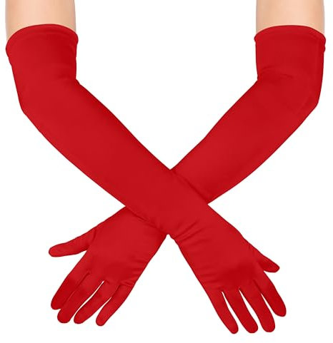 KarneLux Damen Handschuhe Lang - 1 Paar Abendhandschuhe zu Karneval, Fasching oder Halloween - Kostüm Accessoire, Zubehör für Burlesque, Charleston und 20er Jahre Verkleidungen (Rot, 55 cm)