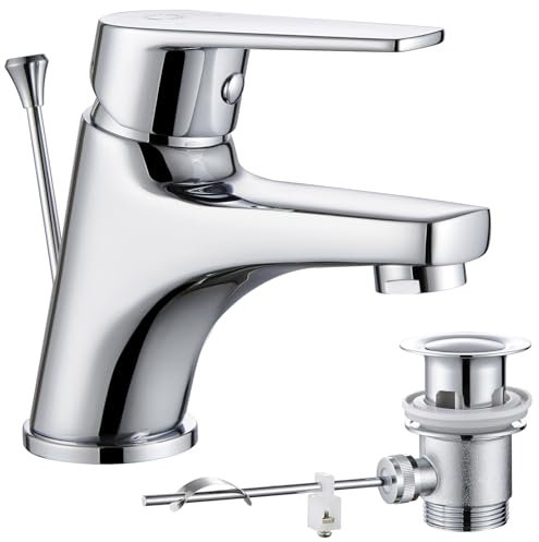CECIPA Robinet de lavabo de salle de bain avec tirette, robinet pour lavabo avec bonde, mitigeur de salle de bain avec hauteur de bec de 57 mm, petit mitigeur de lavabo pour salle de bain
