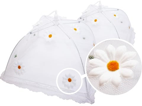 wohhwo Faltbare, quadratische Abdeckhauben, 2er-Set (31x31x18cm und 40x40x21cm), weiß mit Margeriten, Fliegenschutz für Essen, Lebensmittel Insektenschutz, Food Cover für Küche und Garten