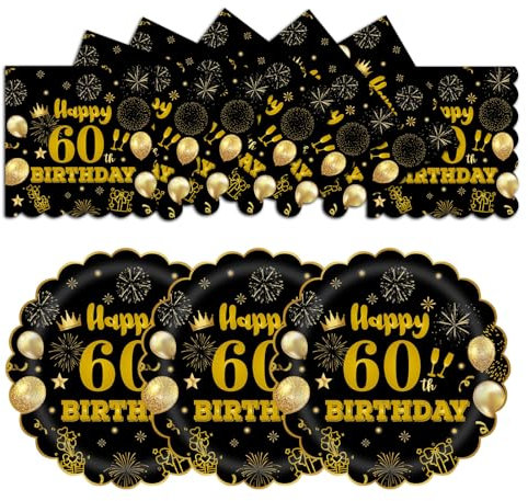 EVYIENEN 50Pcs 60th Birthday Party Paper Plates and Napkins,25 x 7inch Black and Gold Scalloped Dessert Plates Party and 25 x 6.5inch Cocktail Napkins for Birthday Wedding Anniversary Decorations
