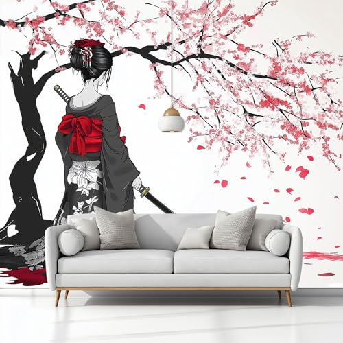 Papier Peint Panoramique Style Japonais Cerisiers En Fleurs Geisha 300 x 210 cm Poster Murale 3D, Tapisserie Photo Peinture Murale, Papier Peint Intissé Fresque pour Salon Chambre Toile Fond TV