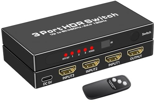 HDMI 2.1 Switch, 8K@60Hz HDMI Switcher Splitter 3 in 1 Out, 4K@120Hz Support HDCP 2.3, VRR & ALLM, Dolby Vision & Atmos, High-Speed 48Gbps for PS5, b-0-x, TV B-o-x, DVD Player