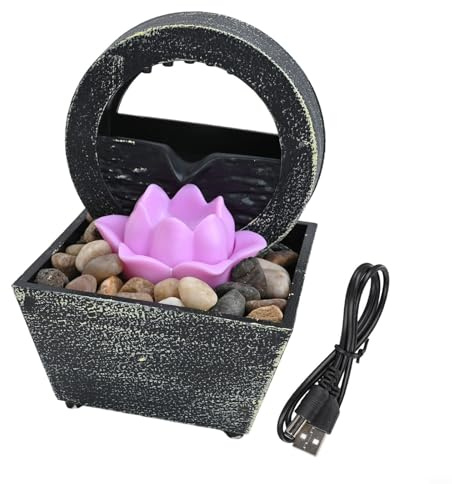 Tidevib Fontana d'acqua da tavolo per interni con design creativo di acqua fluente, decorazione di ciottoli e luce LED calmante, alimentazione a batteria o USB (A)