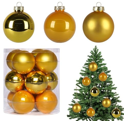12 Goldene Weihnachtskugeln aus Glas Ø 8 cm Set mit Hochglanz, Matt & Perlmutt Oberfläche | Premium Christbaumkugeln & Festliche Weihnachtsdeko für Baum, Wiederverwendbare Glaskugeln mit Aufhänger