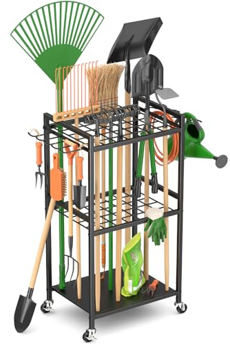 WELDUN Organizzatore per attrezzi da giardino, carrello mobile per garage, carrello porta attrezzi da giardino su ruote per 35 strumenti a manico lungo, gestione della garage con 4 ruote