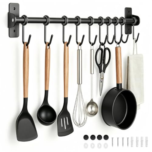 Siocok Kitchen Rail Pan Hanger, 40cm Kitchen Utensil Holder Organiser | With 10 Movable And Removable Sliding Hooks, Save Space Utensil Hanging Bar Rack, for Family Kitchen Bathroom Organize