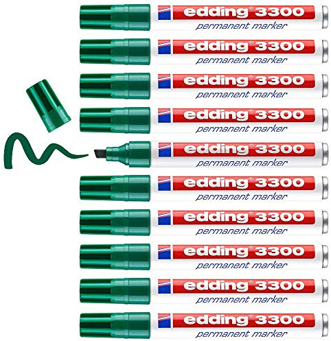 edding 3300 permanent marker - green - box of 10 - chisel tip 1-5 mm - quick-drying permanent markers - waterproof, smudge-proof - for cardboard, plastic, wood, metal, fabric - marker pens
